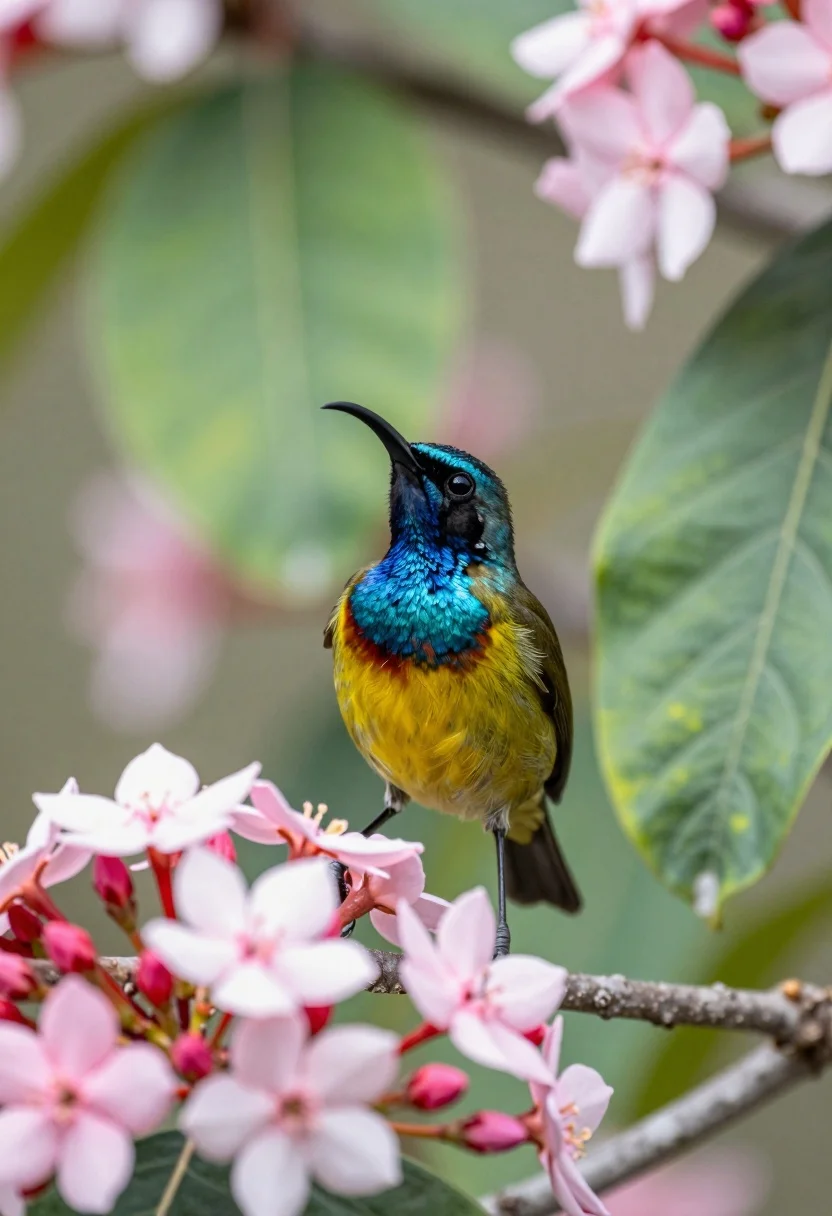 Vibrant Sunbird Perched Gracefully Cluster Delicate Pink And Red Flowers