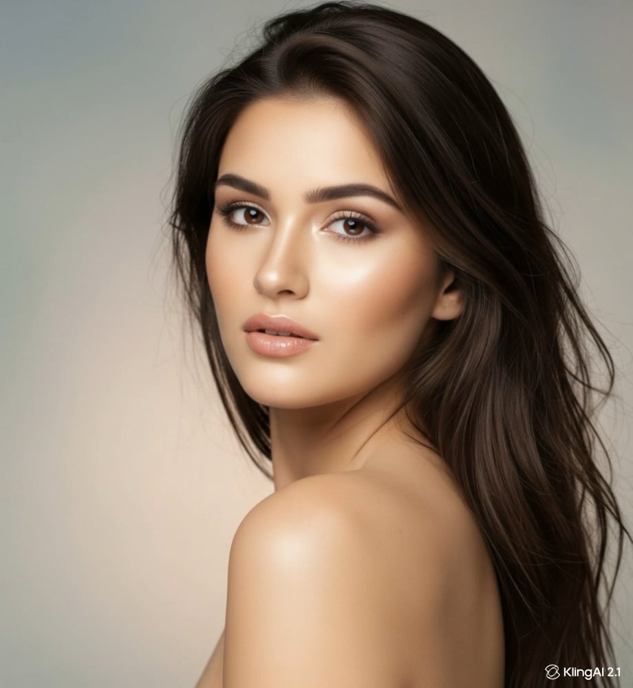 High-resolution beauty portrait featuring long dark hair with soft diffused lighting and flawless skin.