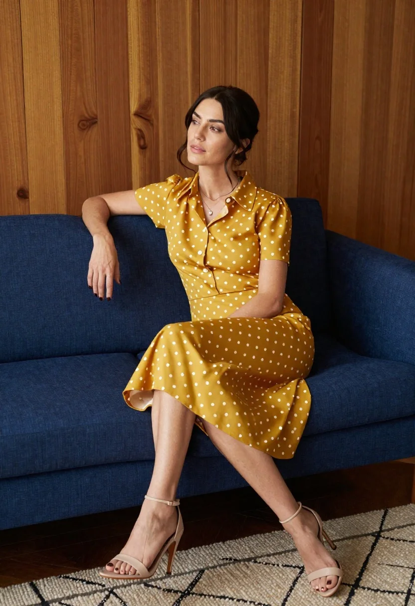 Woman With Dark Hair Pulled Back Sits Elegantly Deep Blue reference photo