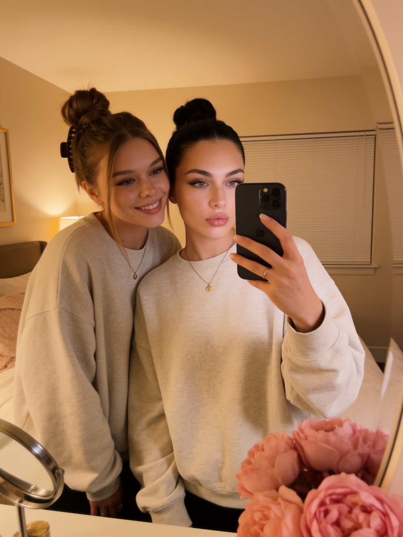 Mila and Lily Cozy Pink Flowers Mirror Selfie