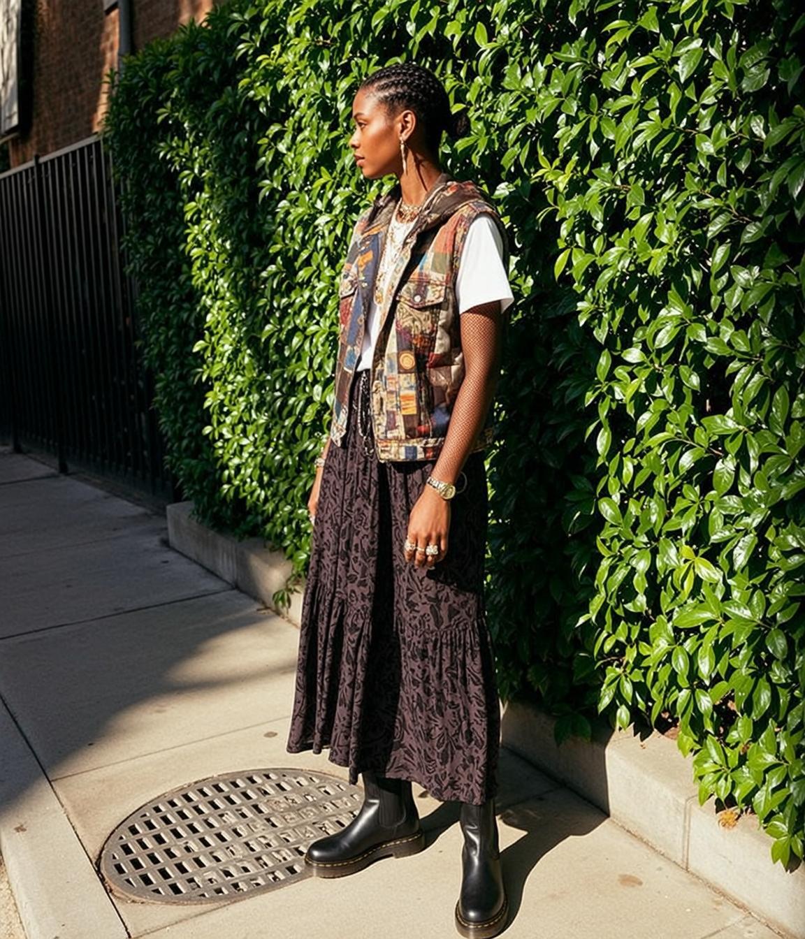 Patchwork Vest and Dark Skirt Street