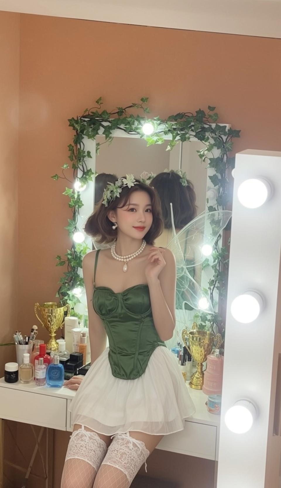 Fairycore Young Short Brown Bob Fair Green