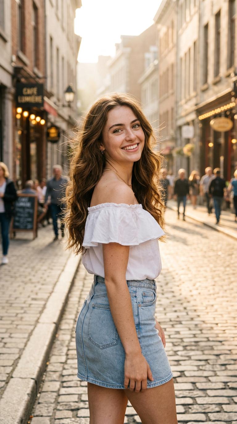 A woman with long, wavy brown hair in an off-the-shoulder white top stands on a cobblestone street at sunset with cafe scenery.