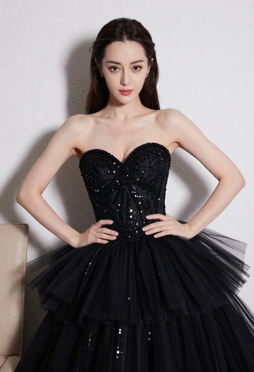Glamorous Woman With Long Dark Hair Poses Confidently Strapless Black reference photo