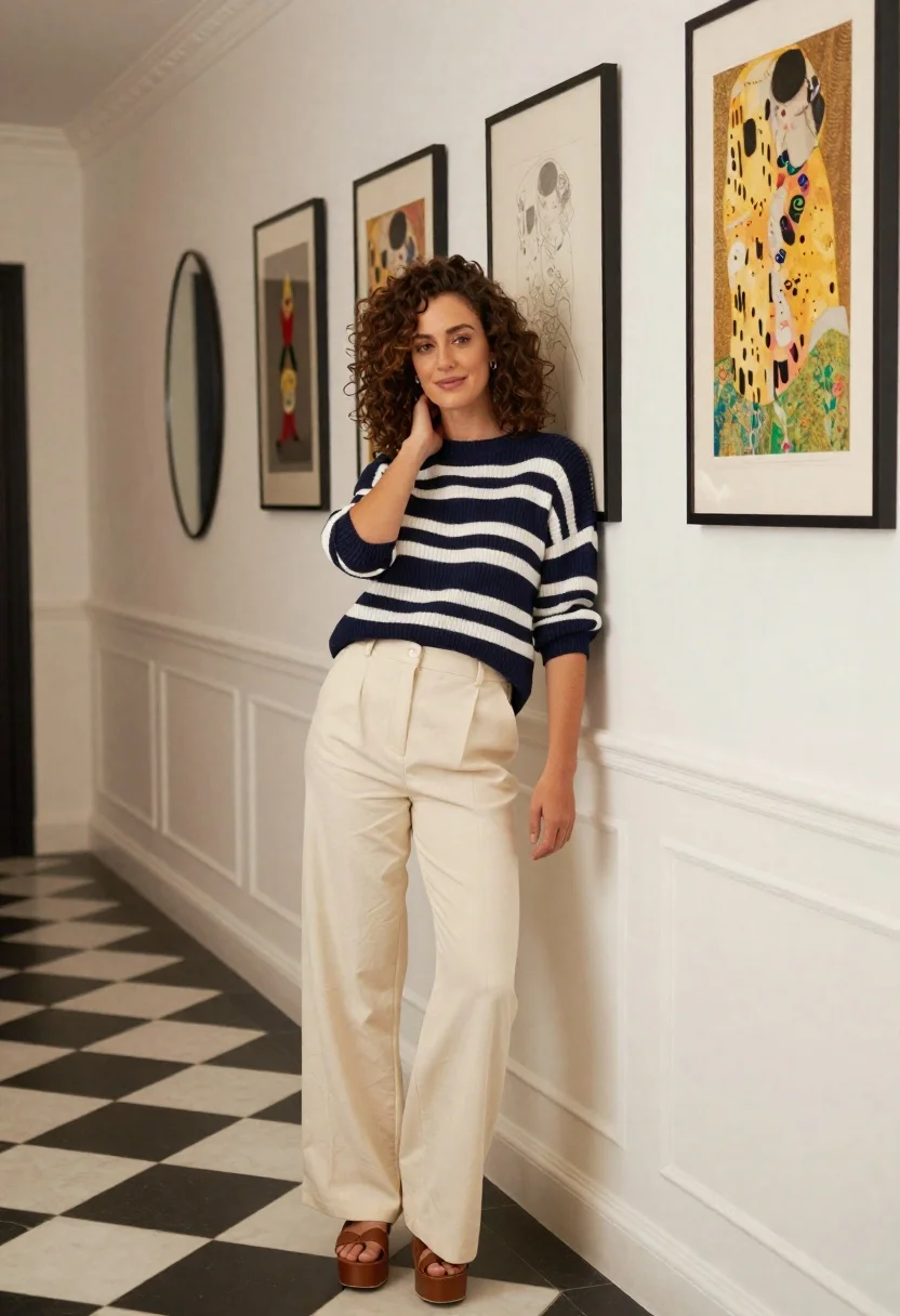 Woman With Curly Brown Hair Stands Hallway Posing Against Wall reference photo