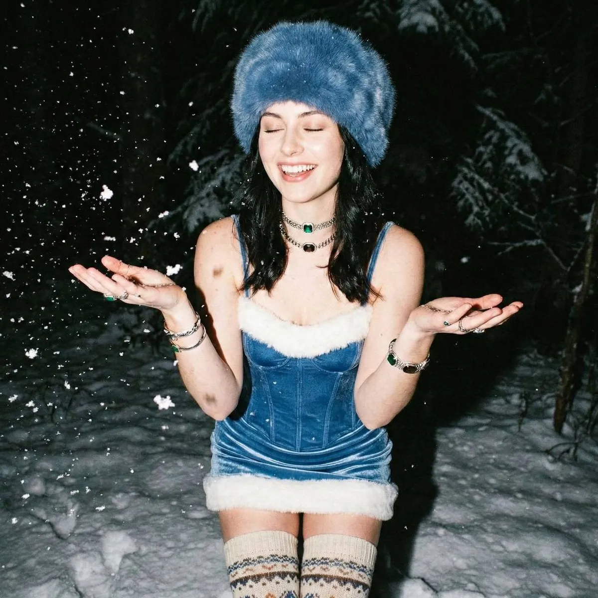 Necklace Bracelets And Rings In Snowy Night Forest