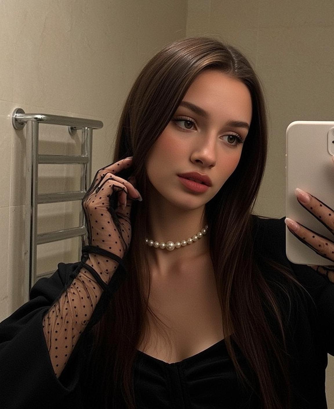 Captured Selfie Style Holding Smartphone Her Right