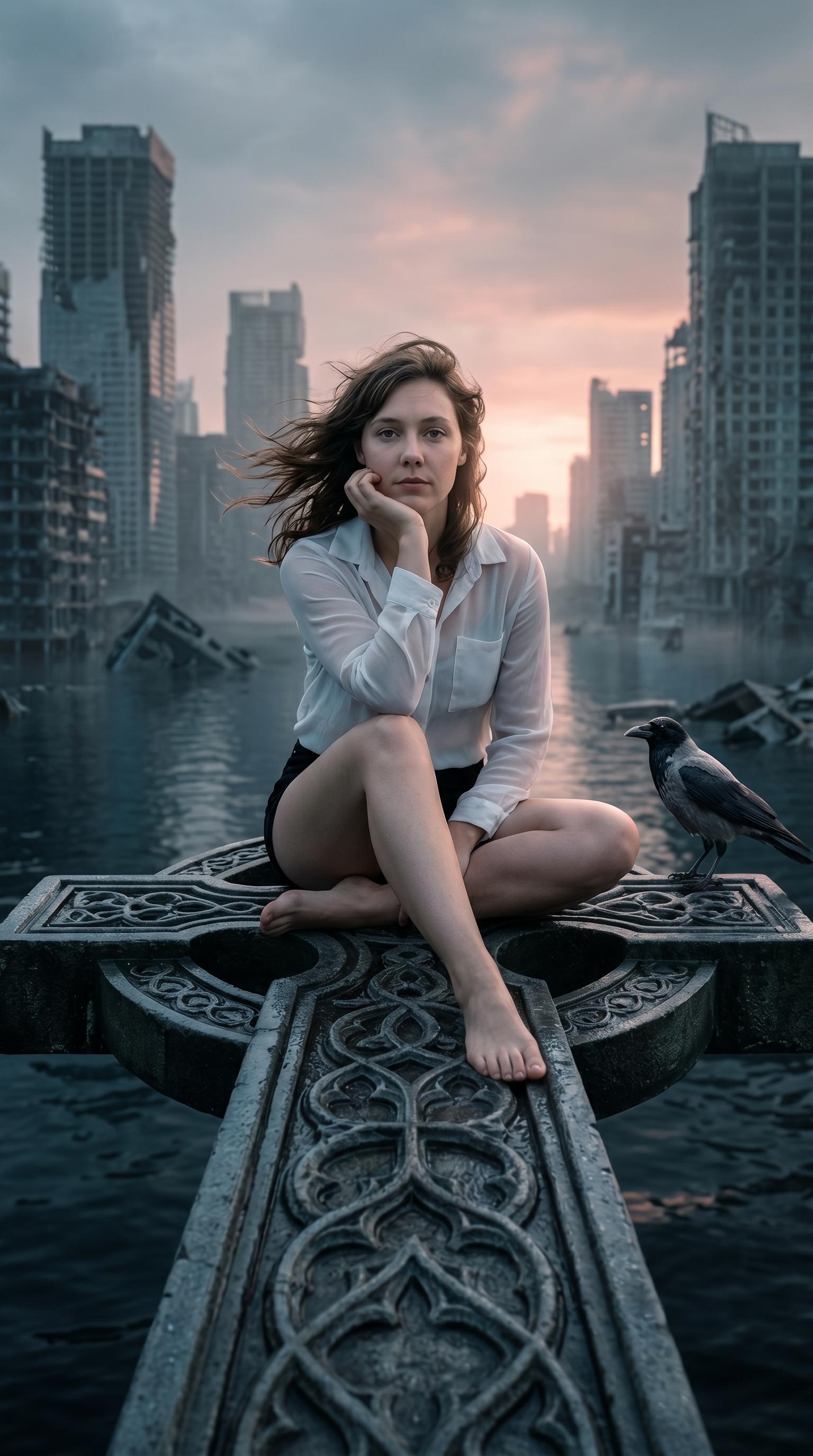 Seated On Gothic Stone Cross City Silhouette
