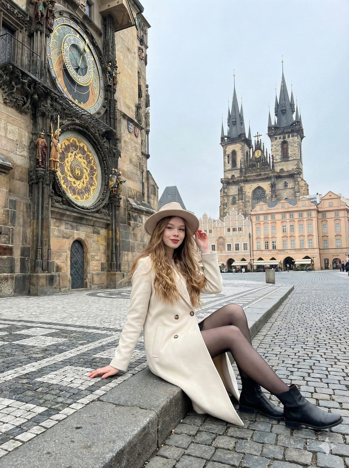 A woman in an ivory long wool coat sitting on a stone curb in Prague's Town Square, relaxed, with a light beige hat on.
