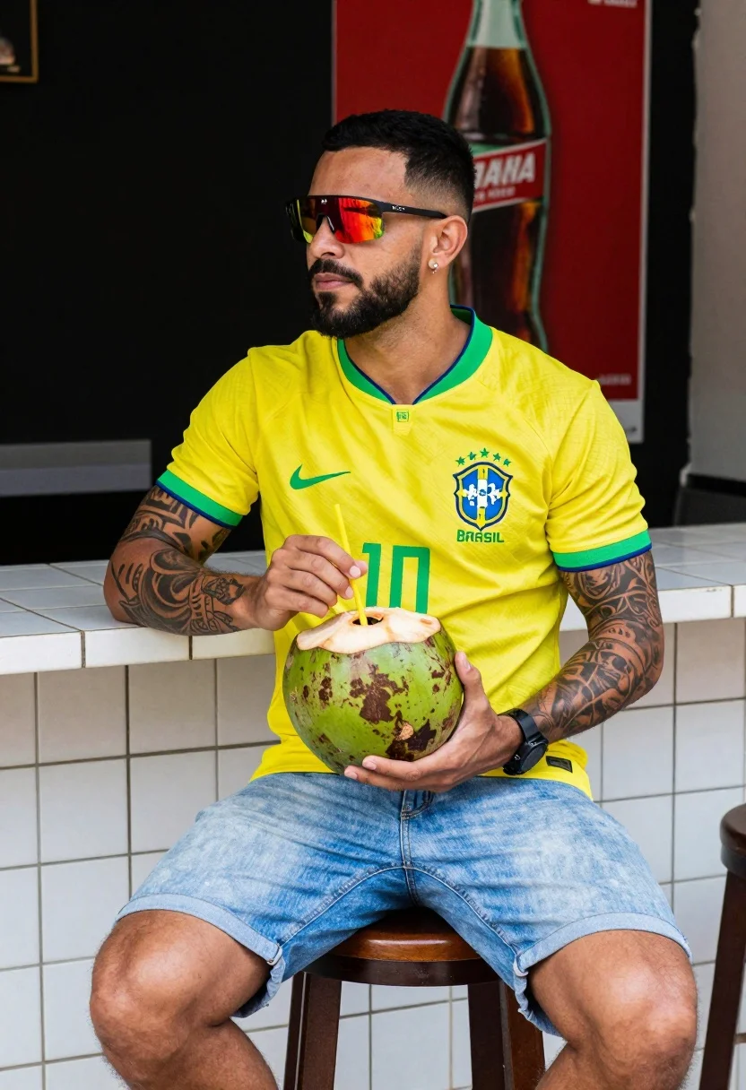 Man Sits Casually Holding Fresh Green Coconut With Straw Front