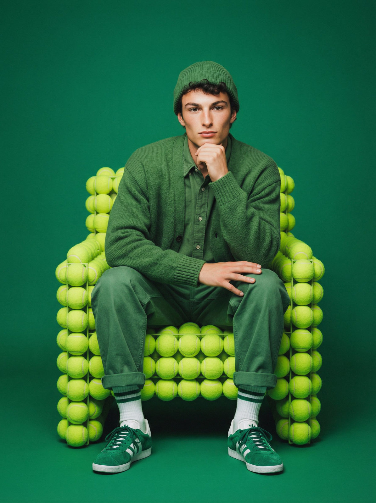 A young person sitting comfortably on a chair made of bright green tennis balls, wearing a green cardigan and hat, against a solid green background.