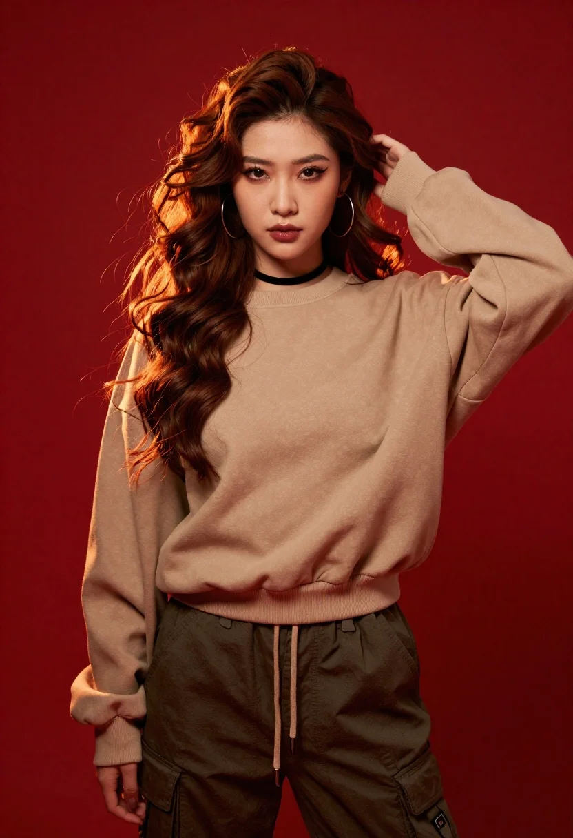 Photorealistic Studio Portrait Stylish Young Woman Against Vibrant Red Background reference photo