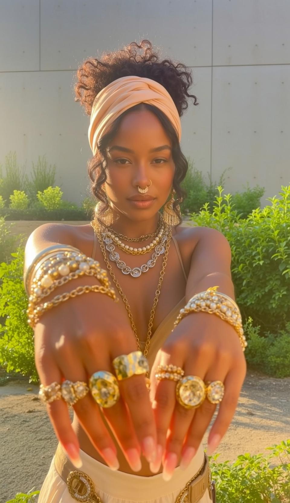 Gold Spaghetti Top White Skirt Pearl Necklace Tassel