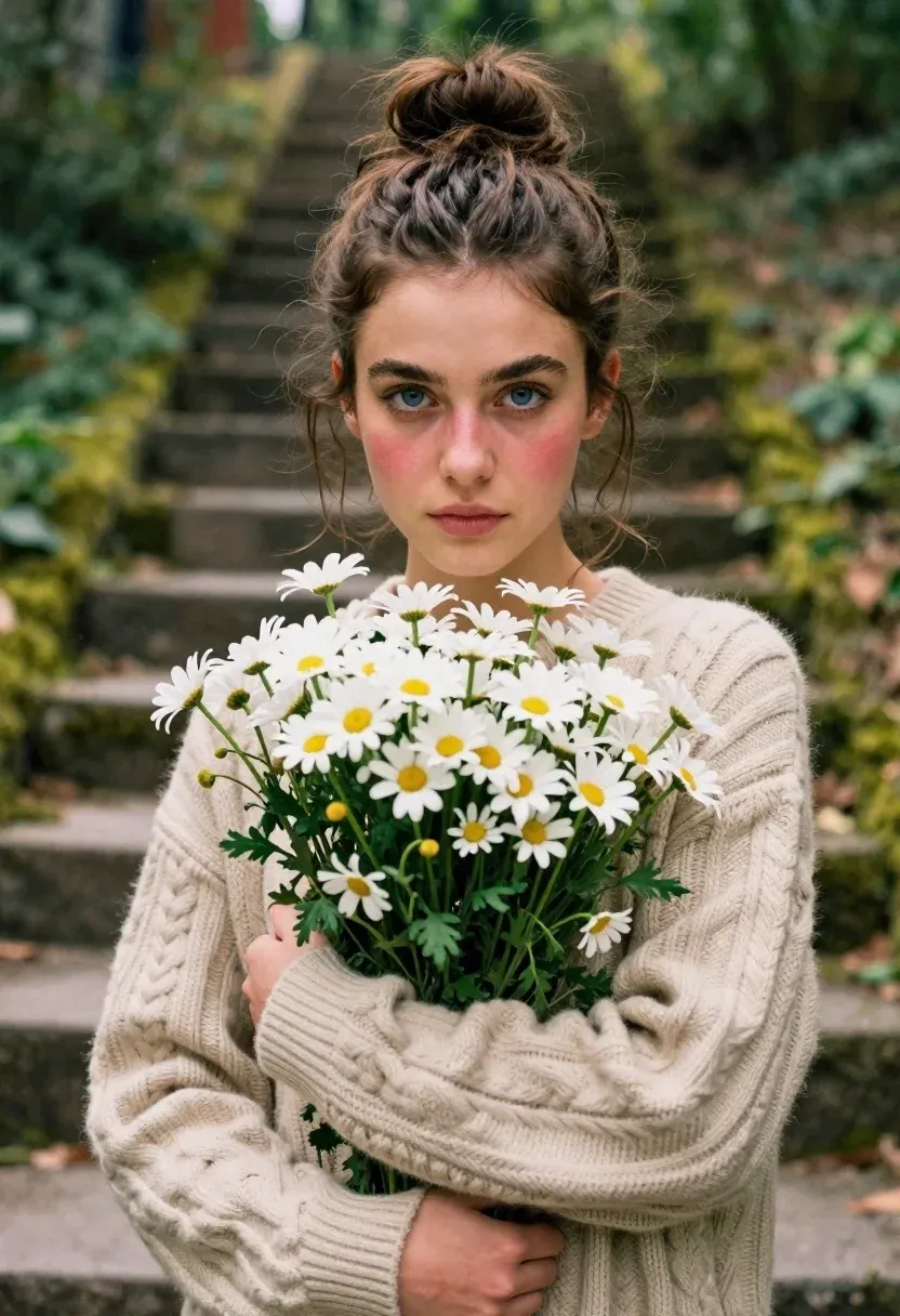 Young Woman With Brown Hair Messy Bun Holds Large Bouquet
