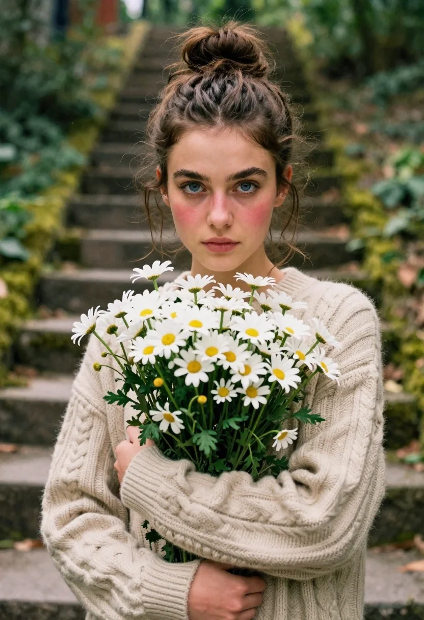 Young Woman With Brown Hair Messy Bun Holds Large Bouquet