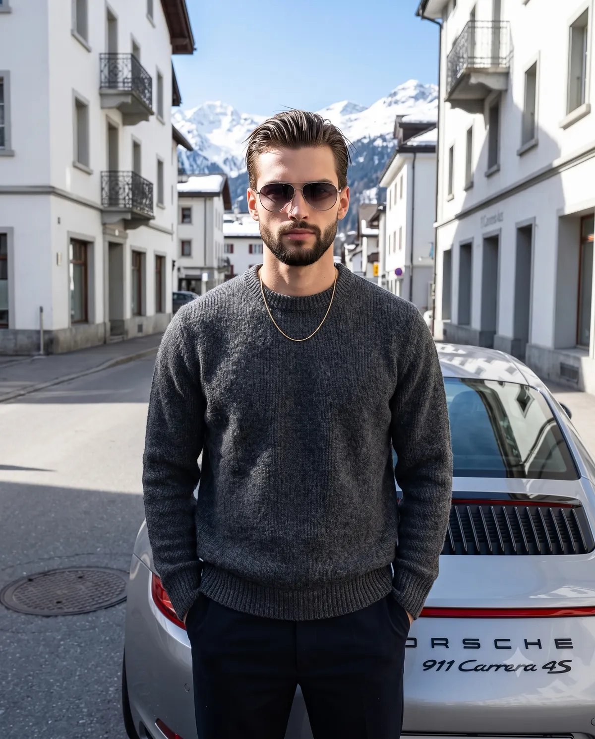 Charcoal Sweater Gold Necklace Aviator Sunglasses