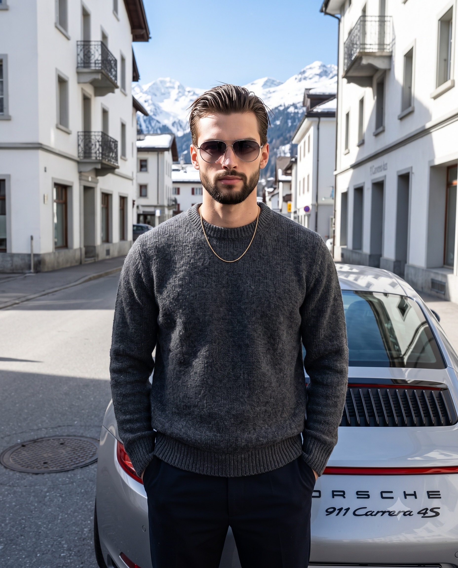 Charcoal Sweater Gold Necklace Aviator Sunglasses