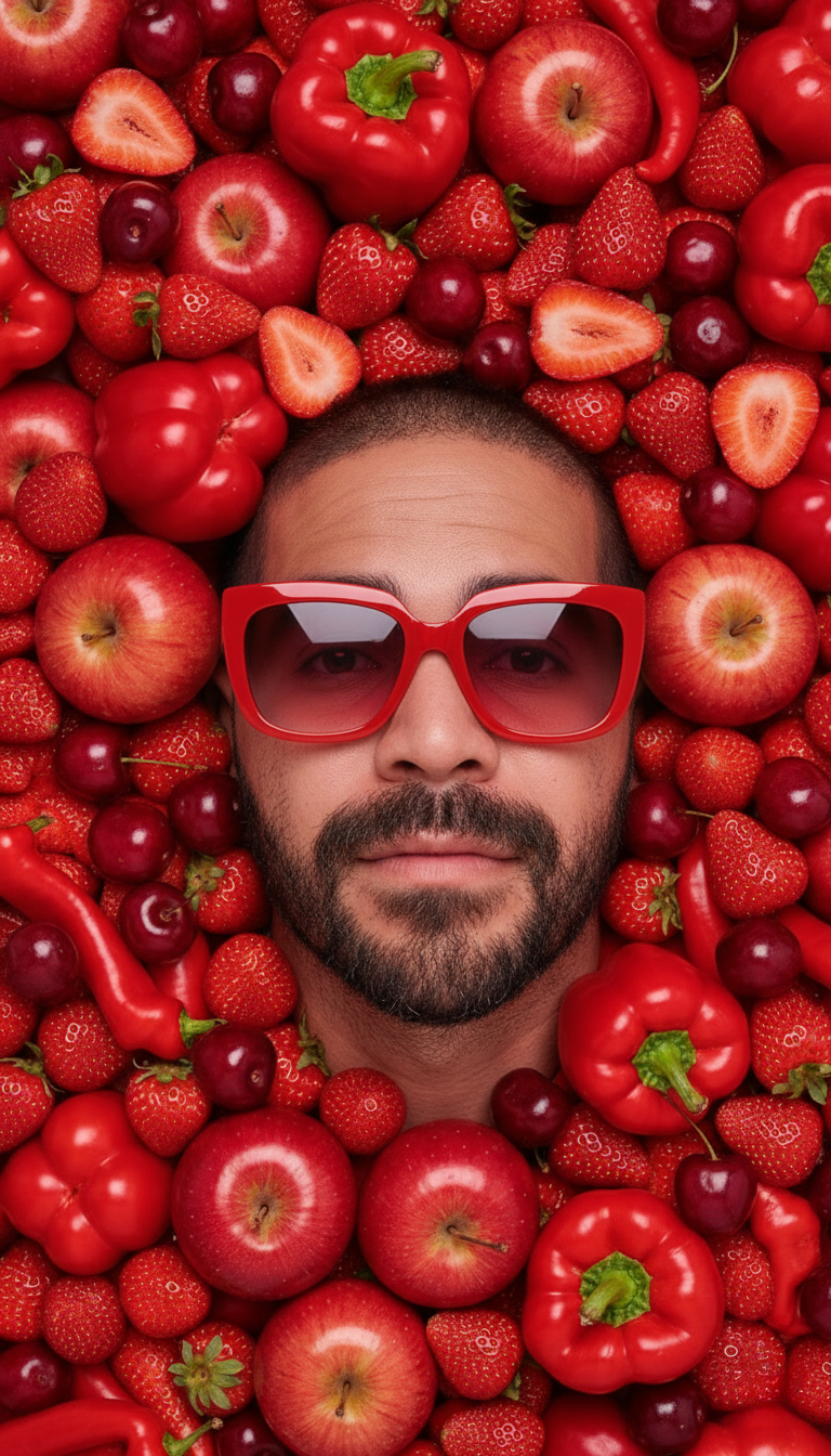 Conceptual portrait of a young person with messy medium hair in a vibrant red organic backdrop, featuring stylish sunglasses and soft lighting.