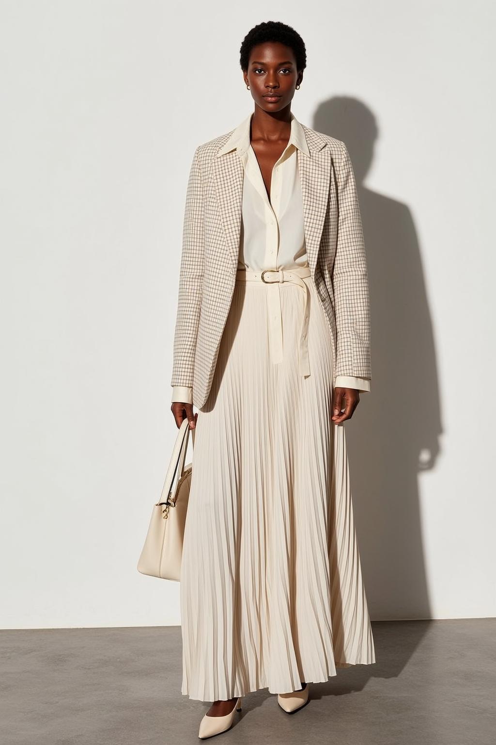 Cream Blazer Pleated Skirt Studio Minimalist Fashion