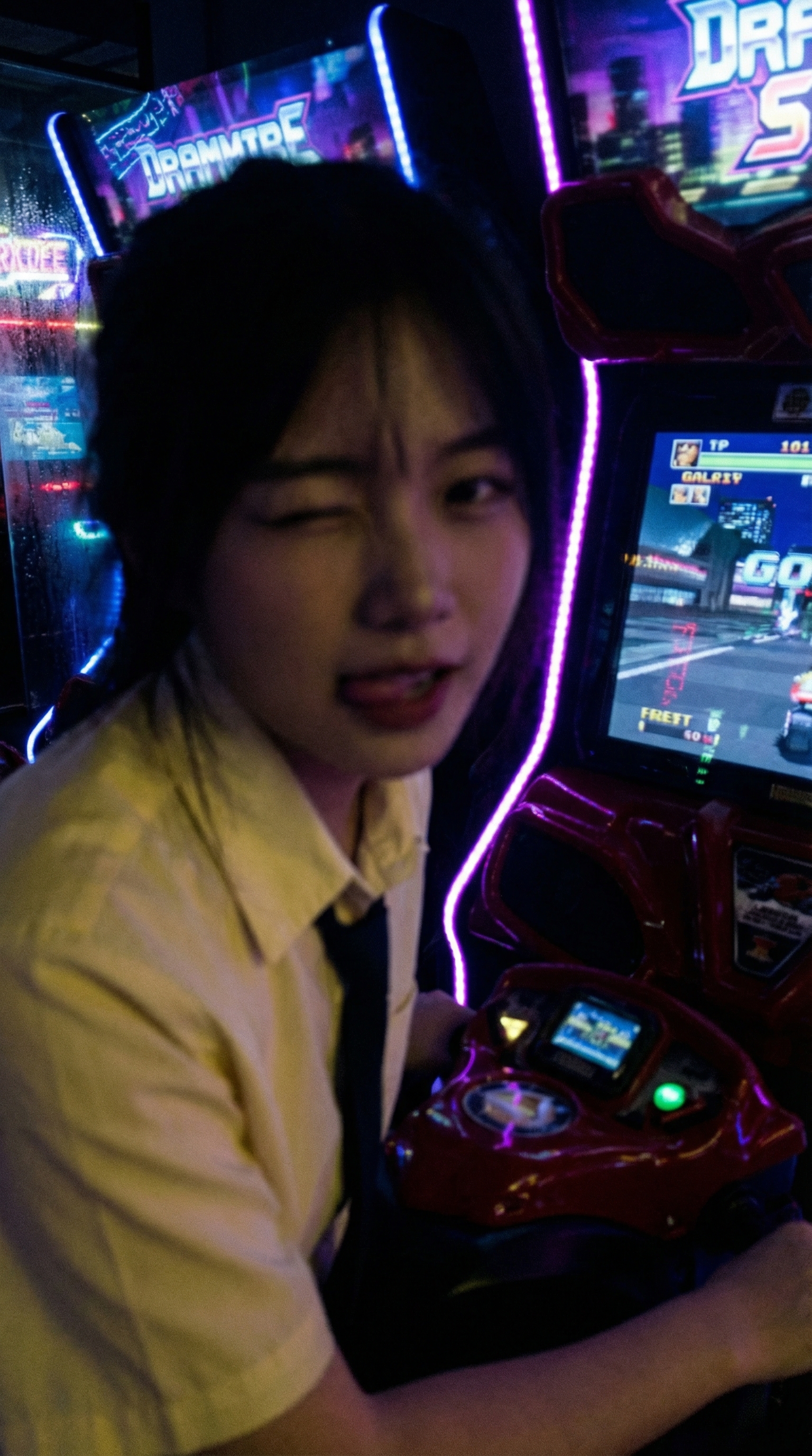 Arcade Racer Woman Neon Lights Low Angle