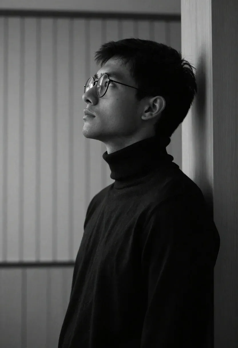 Black And White Portrait Young Man Profile Looking Upward With