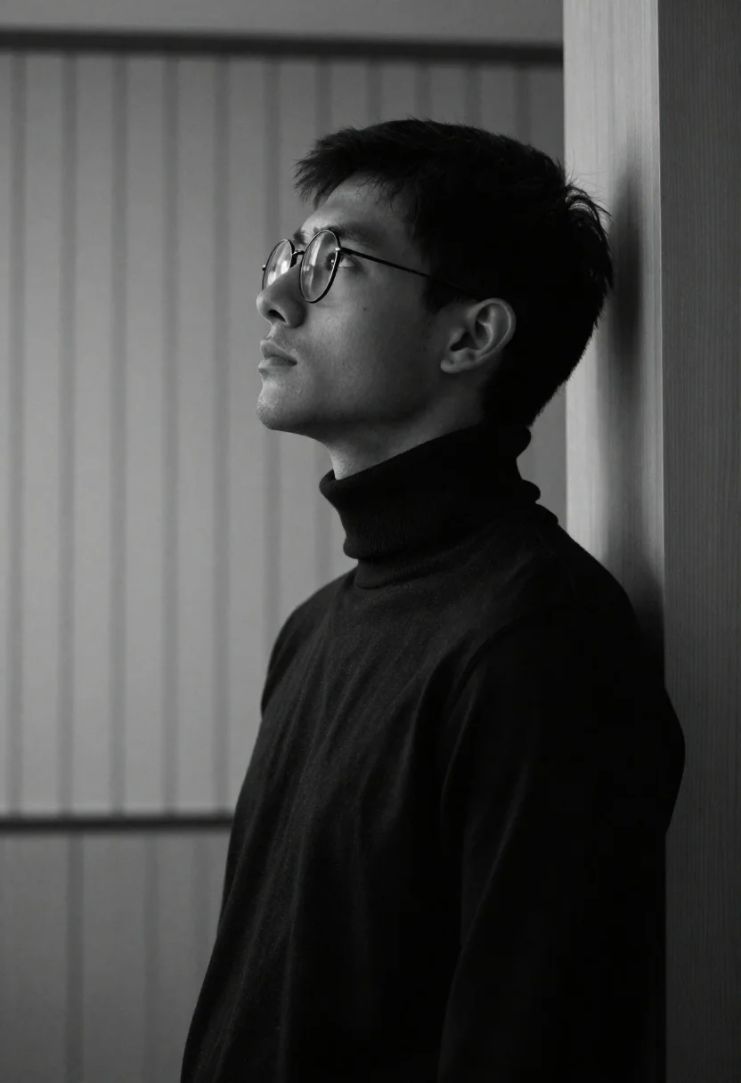 Black And White Portrait Young Man Profile Looking Upward With