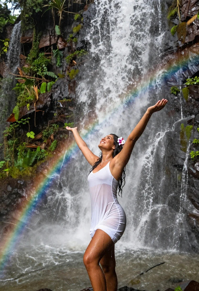 Glistening Rainforest Serenity Scene Poised Woman Bathing Under Iguazu Falls reference photo
