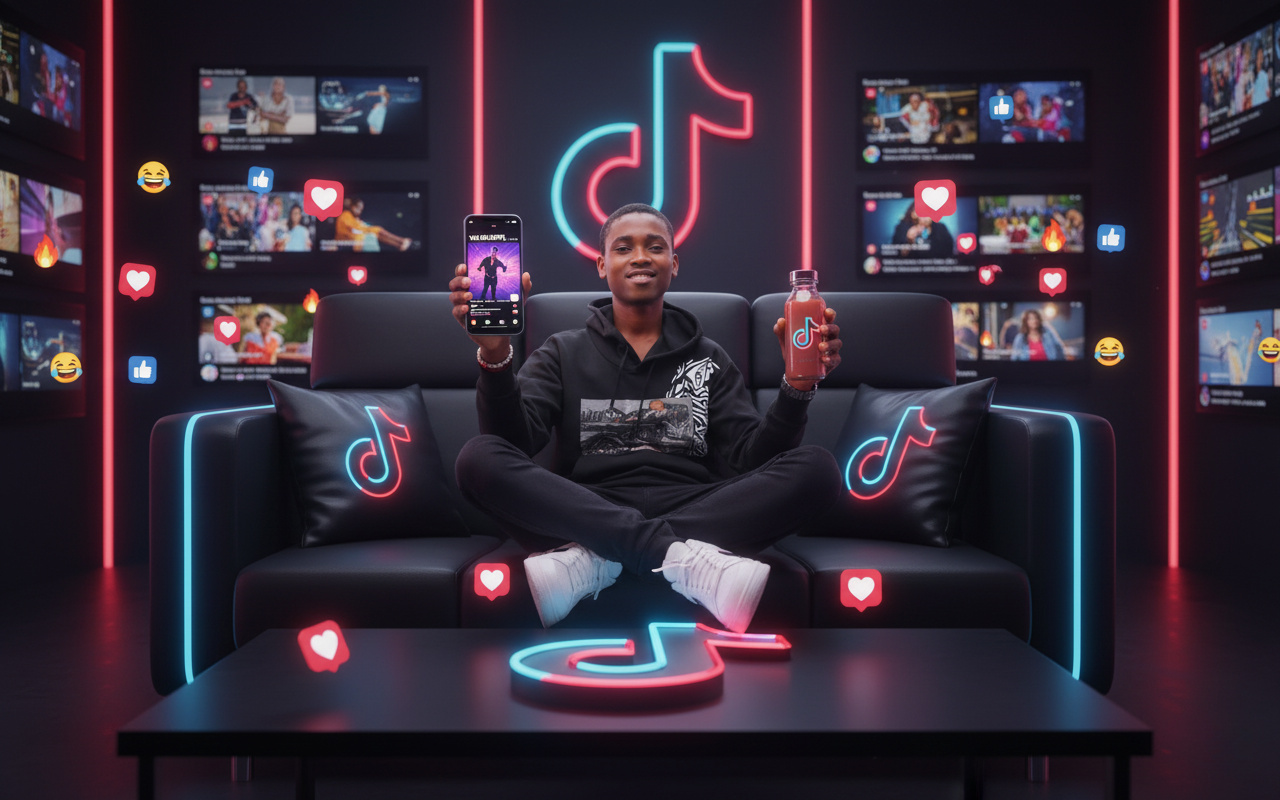 A young man confidently seated in a modern TikTok-themed chair, holding a glowing smartphone and stylish juice bottle in a dark room with TikTok branding.