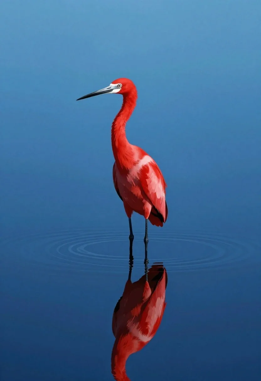 Striking Photograph Vibrant Red Heron Standing Calm Water Subject Tall reference photo