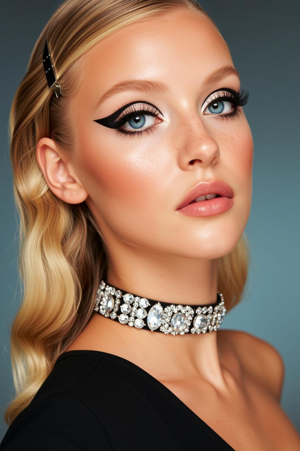 Photorealistic Close-up Portrait Young Woman With Striking Blue Eyes And