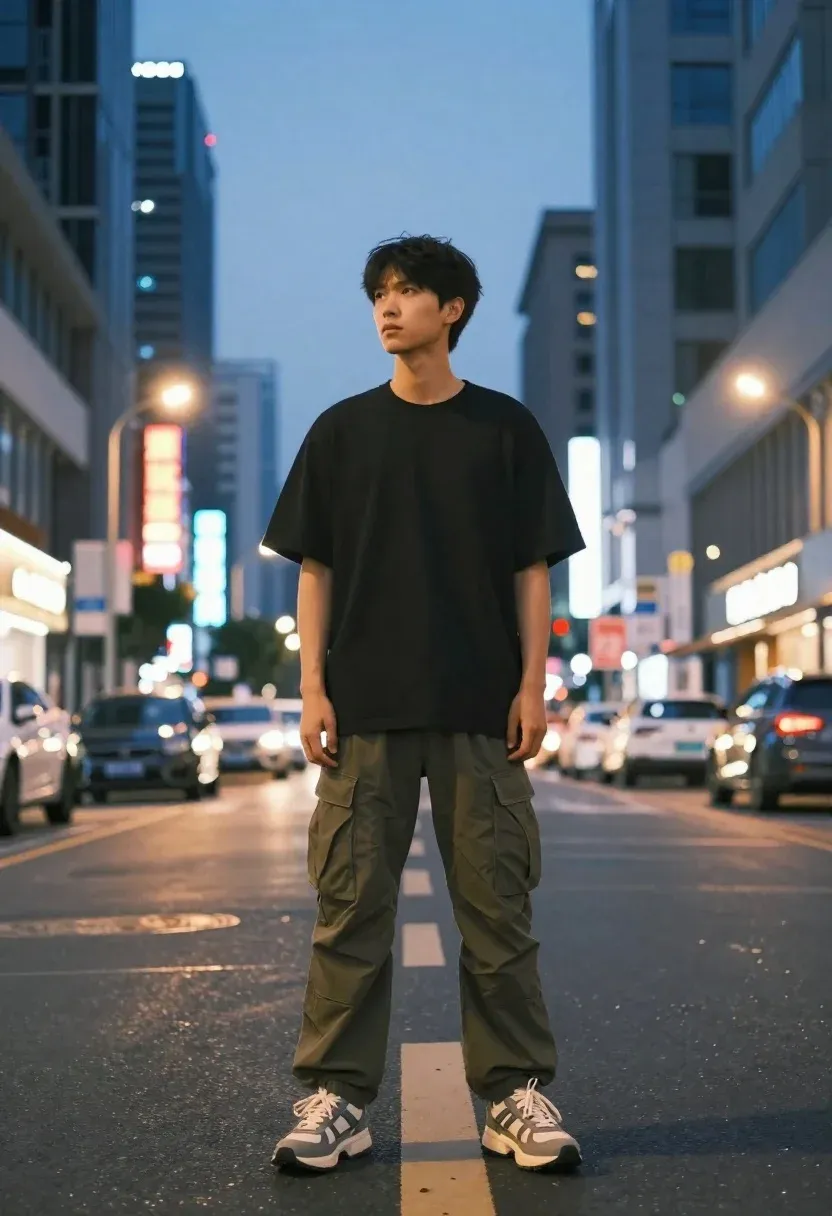 Young Man Stands Confidently The Middle Busy City Street Dusk