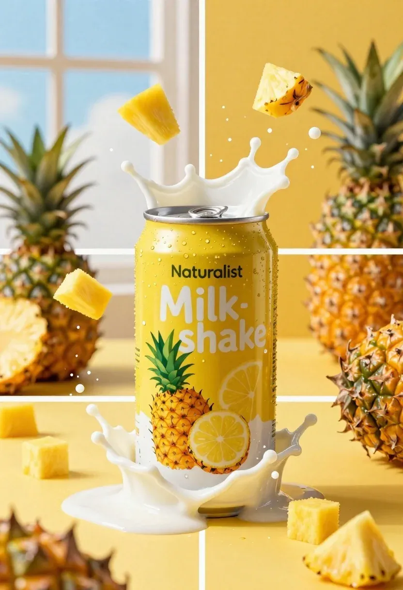 Dynamic Four-panel Composition Featuring Yellow Beverage Can Exploding With Milk