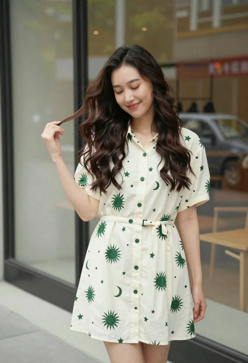 Smiling Woman With Long Dark Wavy Hair Stands Relaxed Pose reference photo