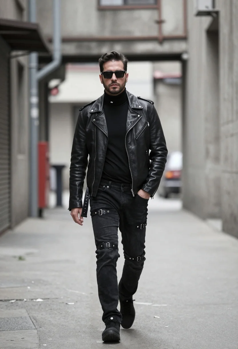 A stylish man walks confidently down a gritty urban alleyway, wearing a black turtleneck, with soft natural light illuminating the scene.