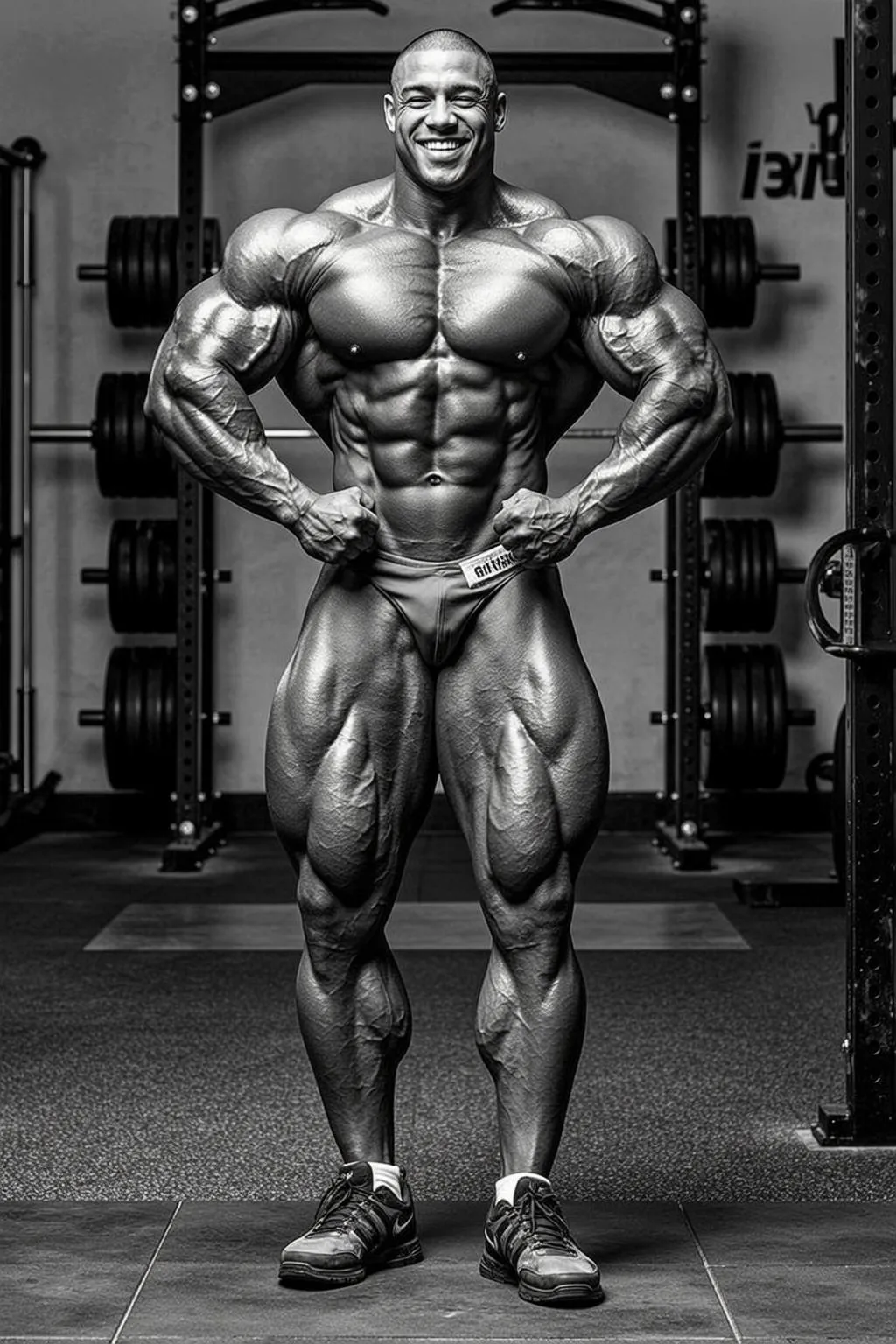 Very Muscular Bodybuilder Shaved Tan Grey Posing