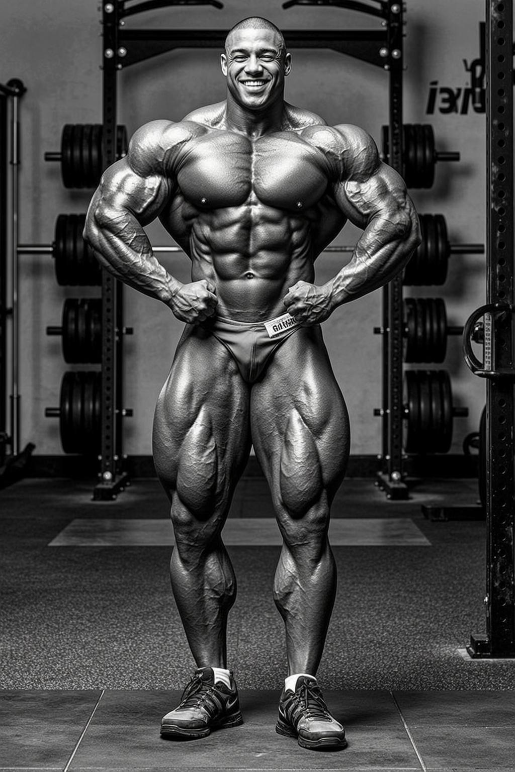 Very Muscular Bodybuilder Shaved Tan Grey Posing