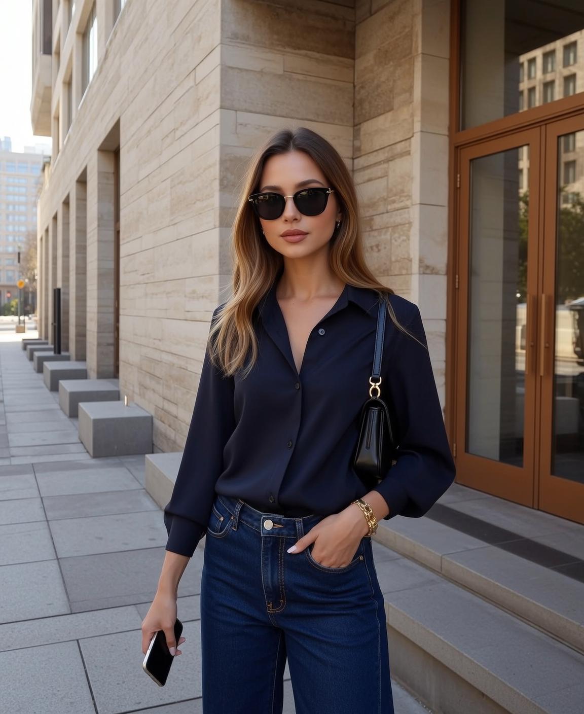 Silk Blouse Dark Denim Jeans