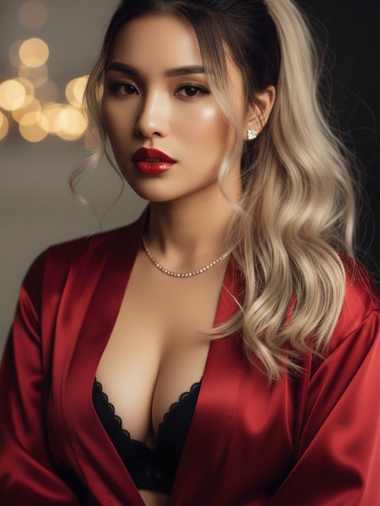 Deep Red Silk Robe With Bokeh Lighting