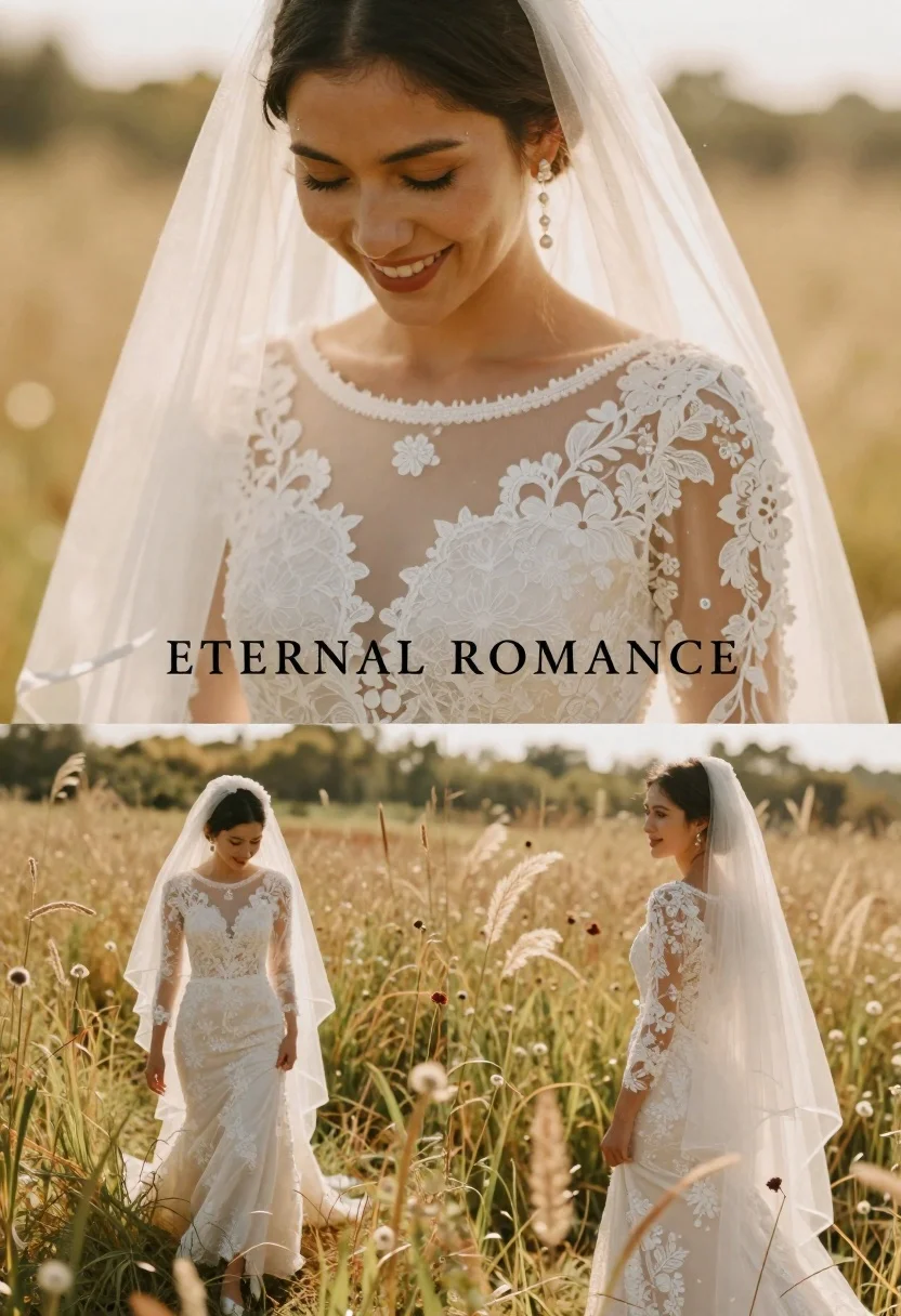 Romantic Wedding Portrait Collage Featuring Smiling Bride Sunlit Field Tall