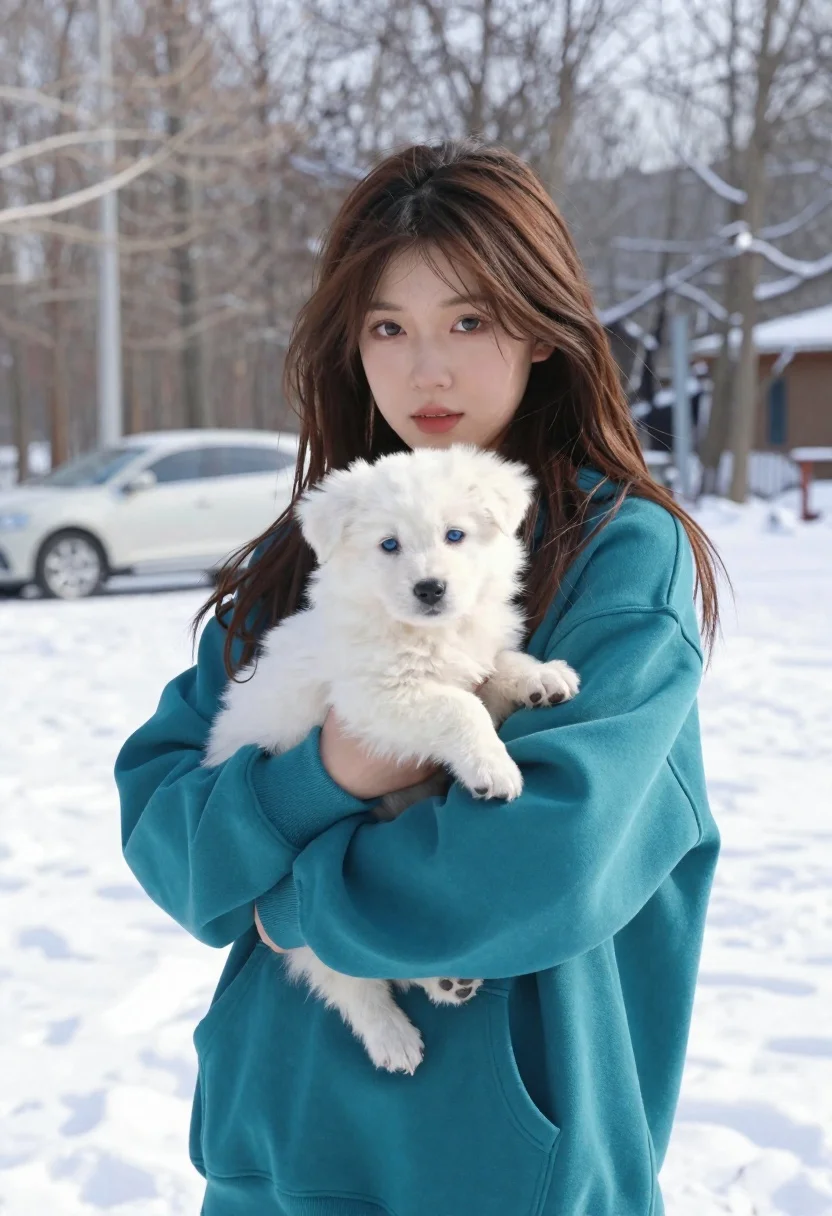 Young Woman With Long Brown Hair Holds Fluffy White Puppy