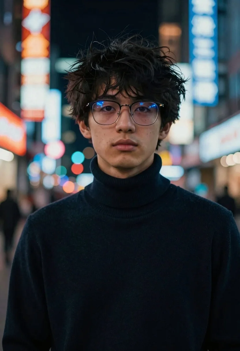 Portrait Young Man With Messy Black Hair Standing Nighttime City reference photo