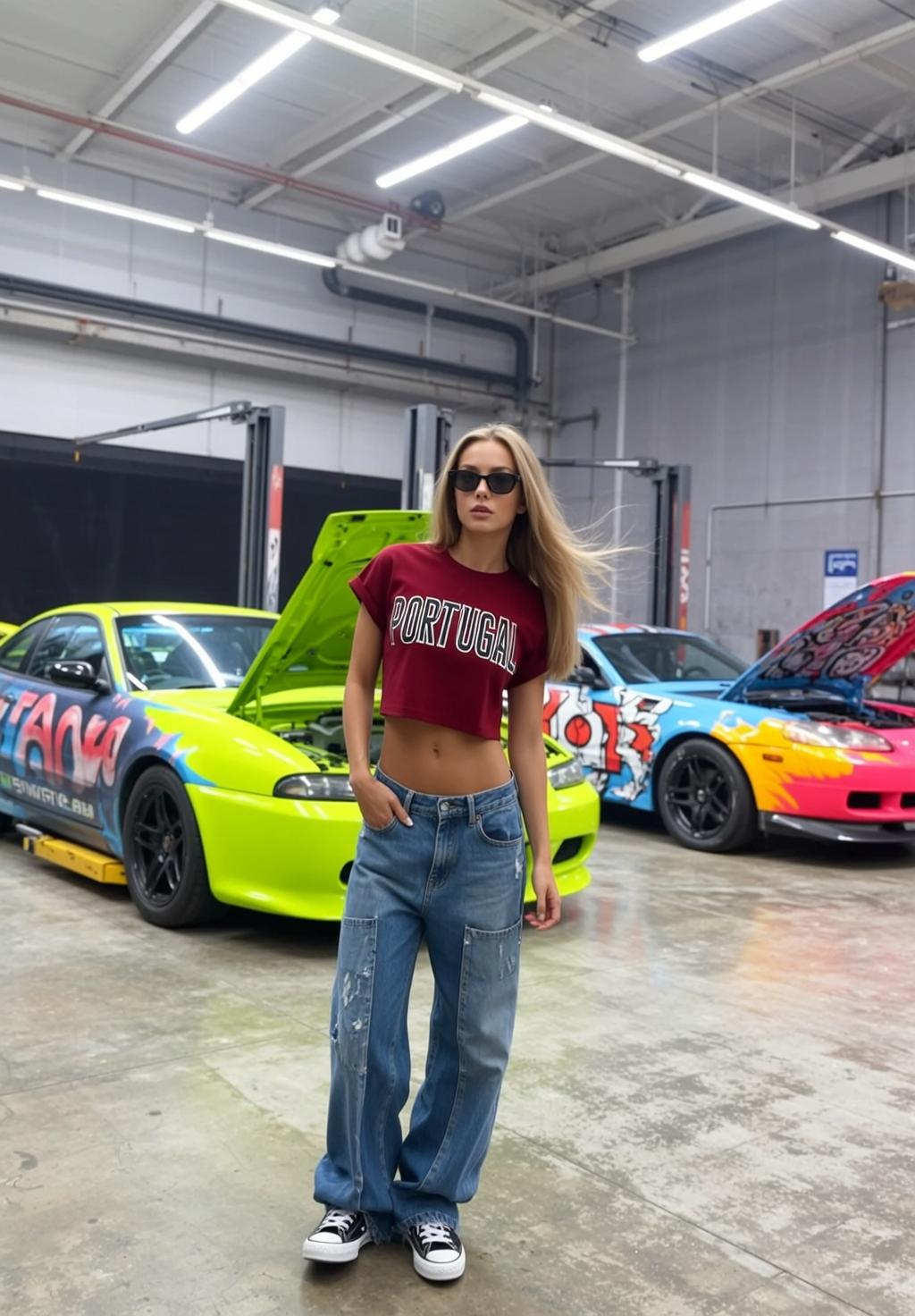 Maroon Crop Top Blue Jeans Lime Green Sports