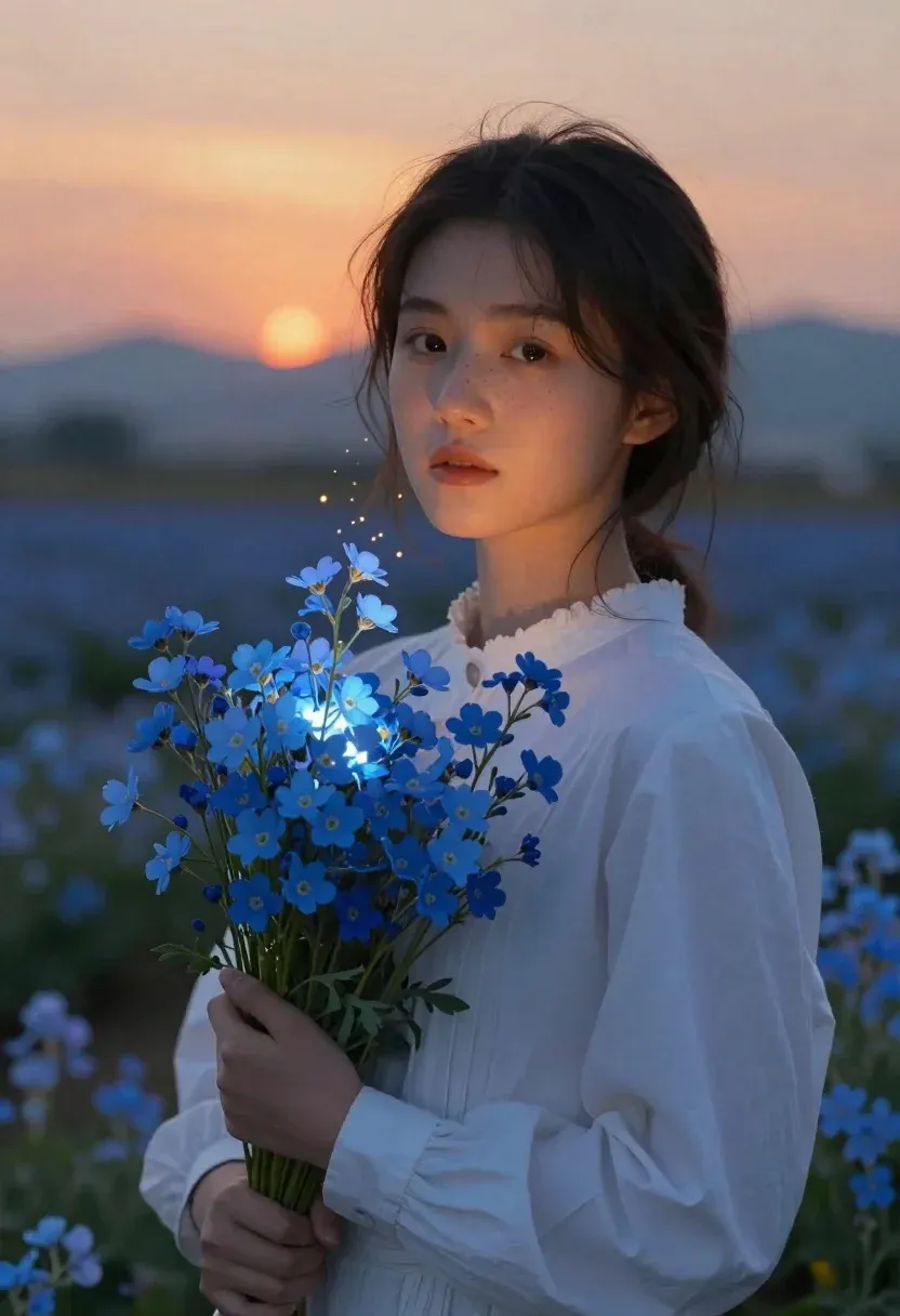 Serene Portrait Young Woman Holding Glowing Bouquet Blue Flowers Against