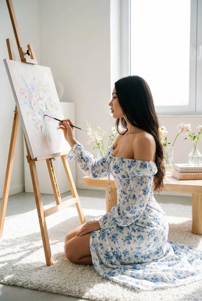 Minimalist Studio Pastel Floral Portrait