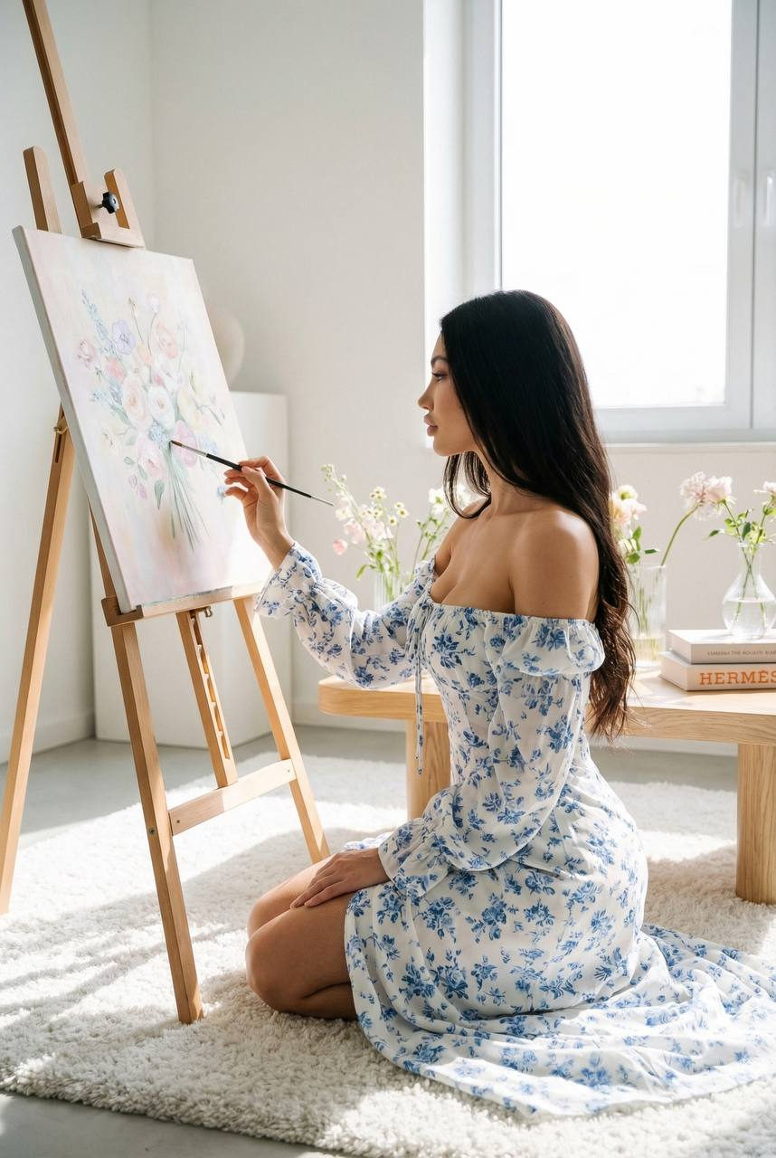 A woman kneels beside an easel, painting pastel flowers, dressed in a flowing white dress, in a bright minimalist studio.