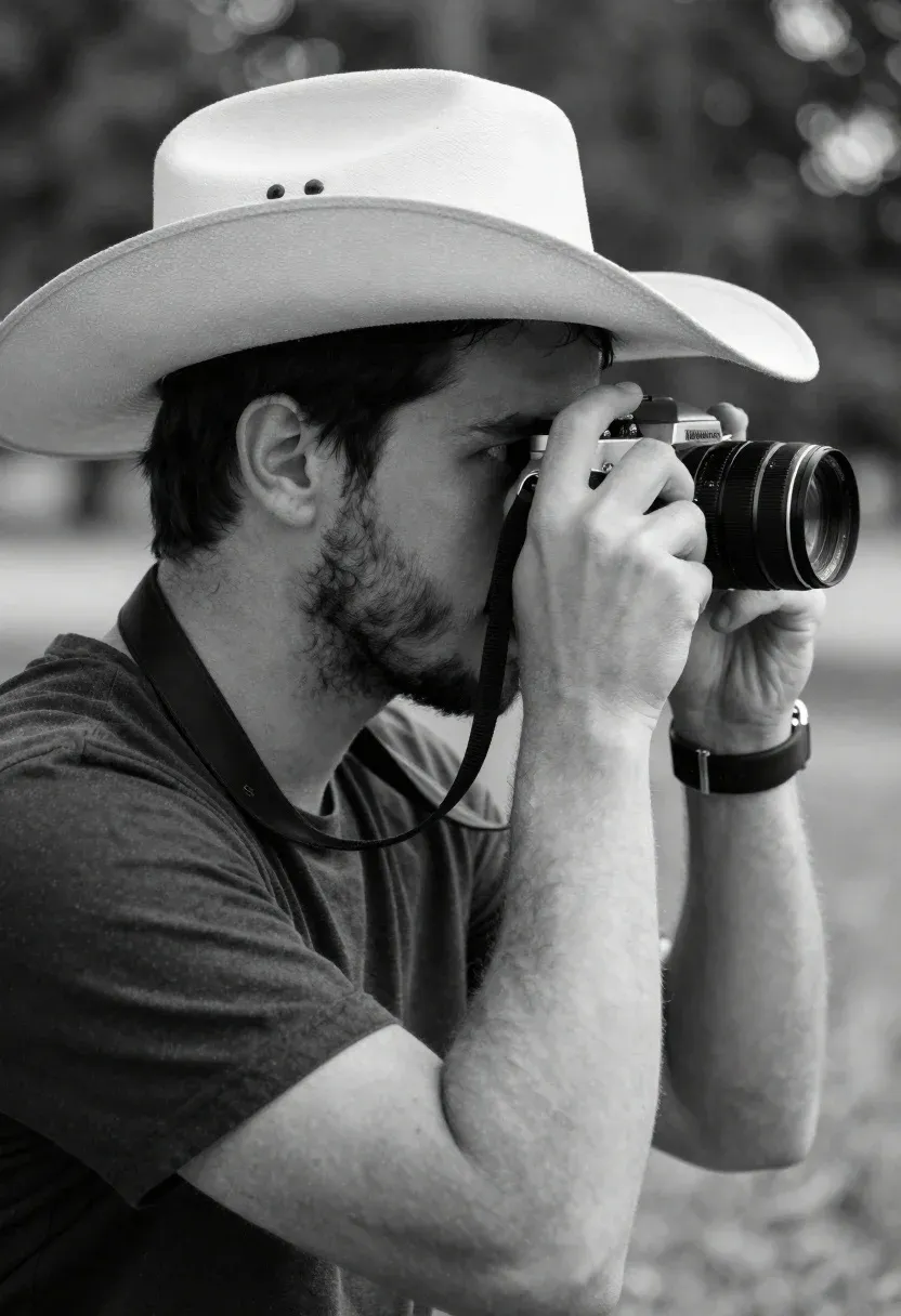 Man Profile Holding Vintage Camera His Eye Subject Young Man