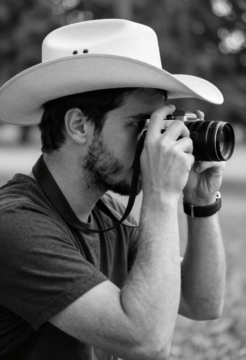 Man Profile Holding Vintage Camera His Eye Subject Young Man