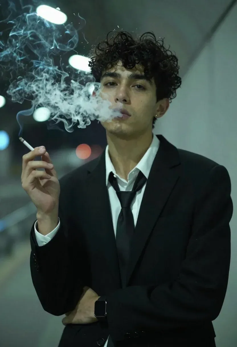 Young Man With Dark Curly Hair Stands Dimly Lit Urban
