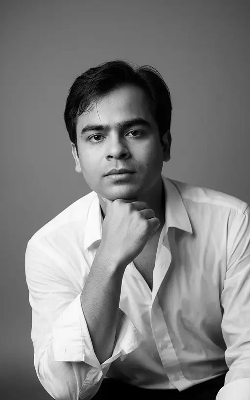 Black and white fine art portrait of a young man with short, messy hair, sitting in an oversized wet shirt against a gray backdrop.