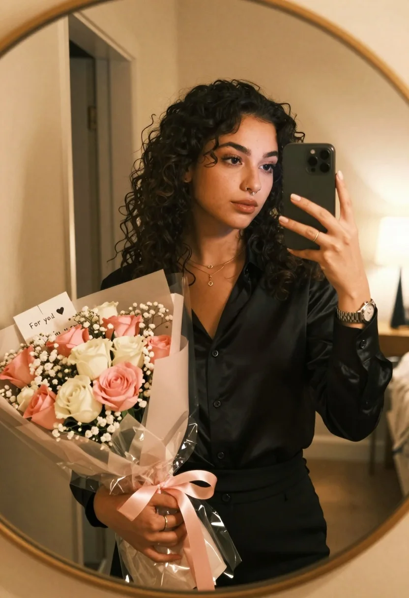 Woman Takes Mirror Selfie Holding Large Bouquet Pink And White